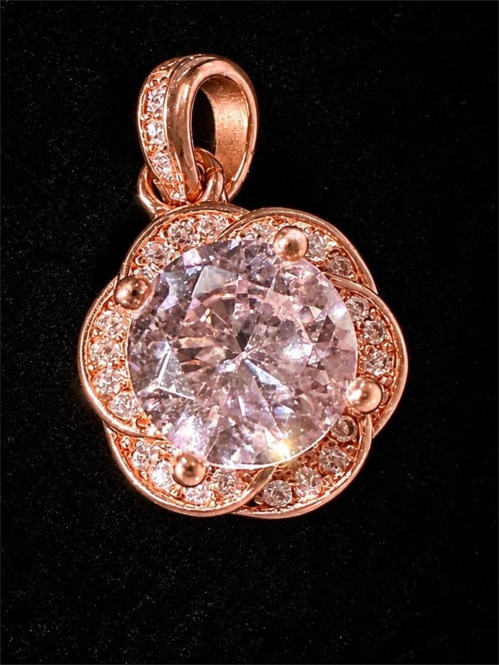 Sterling Silver Rose Gold Floral Halo Pendant Necklace with Pink Center Stone